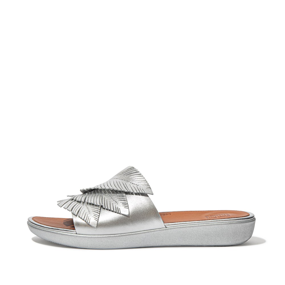 Fitflop Womens Slides Silver - Sola Feather Metallic Leather - BX1502934